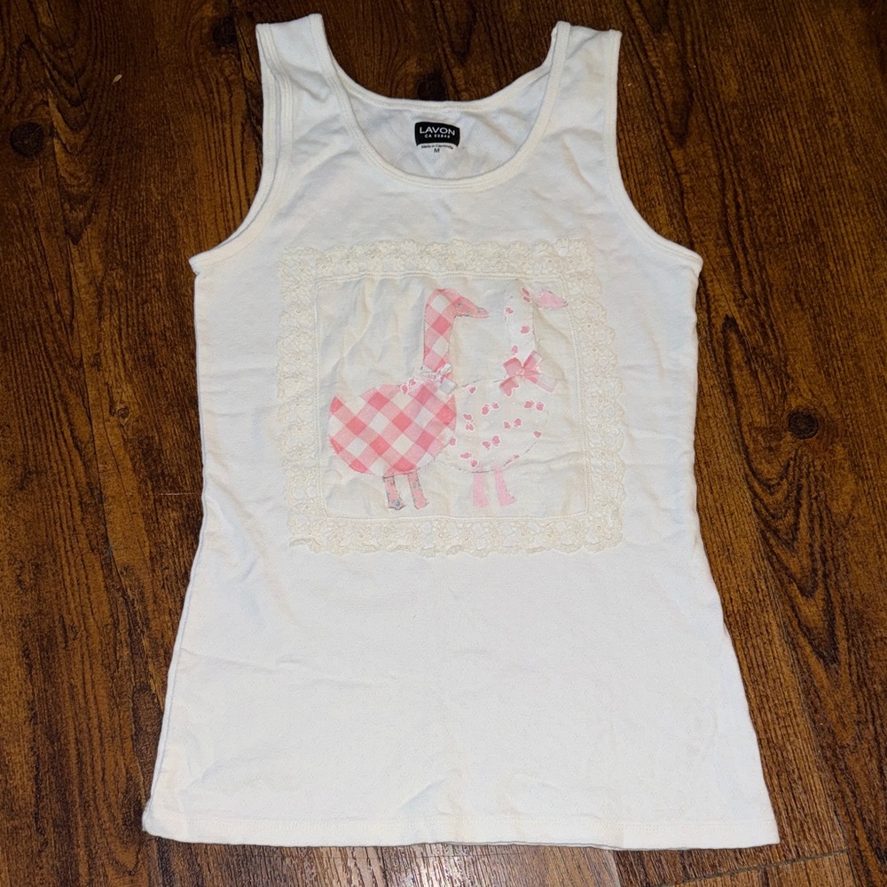 🪿 Upcycled Lavon White Tank Top Pink Geese Patchwork | Cottagecore Vintage M